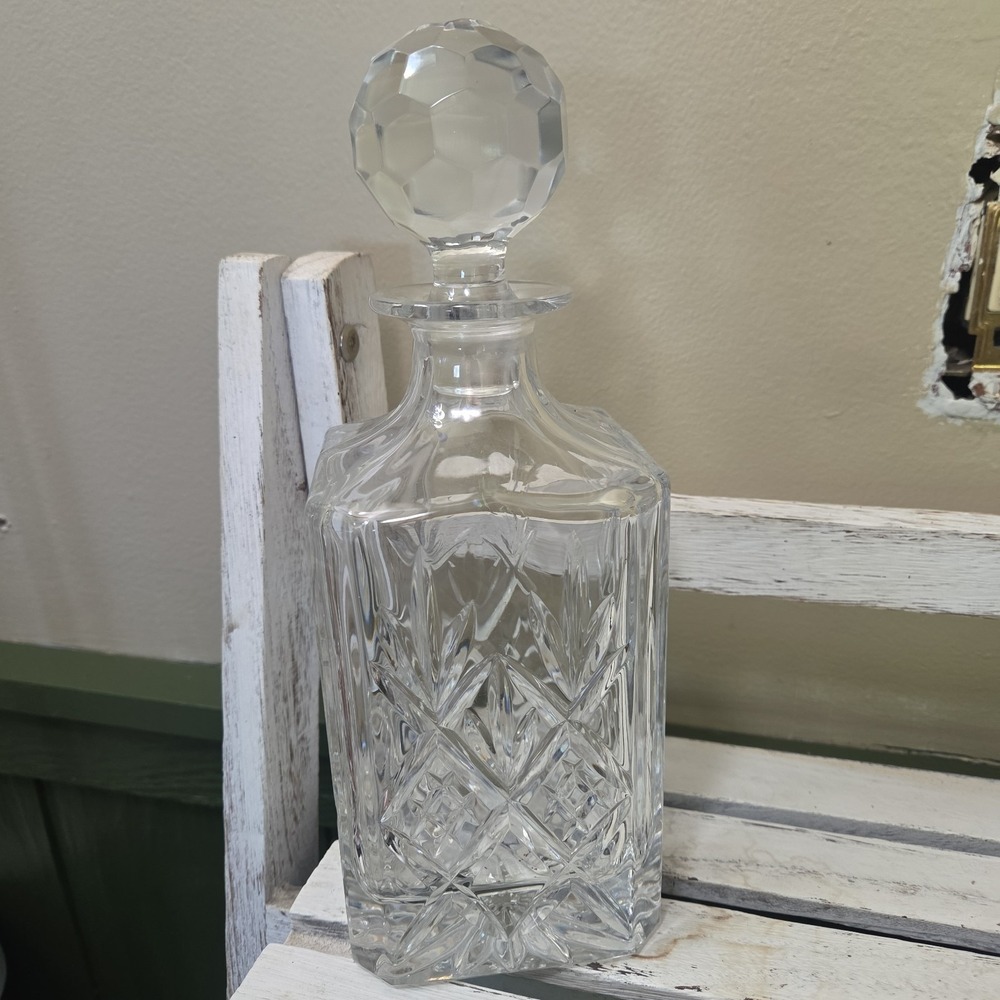 Vintage Cut Crystal Square Decaner With Faceted Stopper 9.5 inch